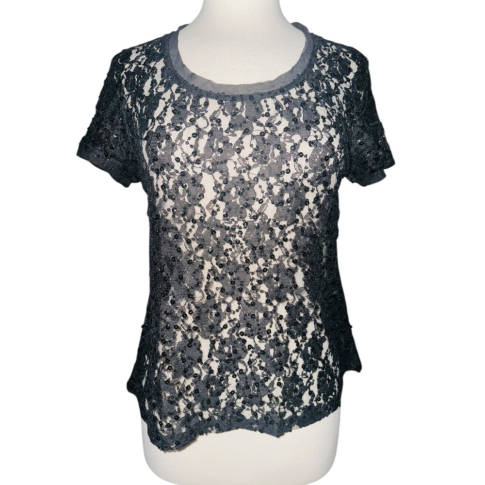 A6 Chico's Lace Sequin Top Party Cocktail Blouse Black Short Sleeve Size 0